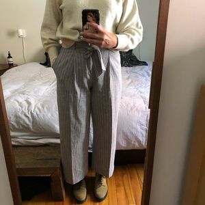 Uniqlo Linen Blend Belted Striped Wide Leg Pants